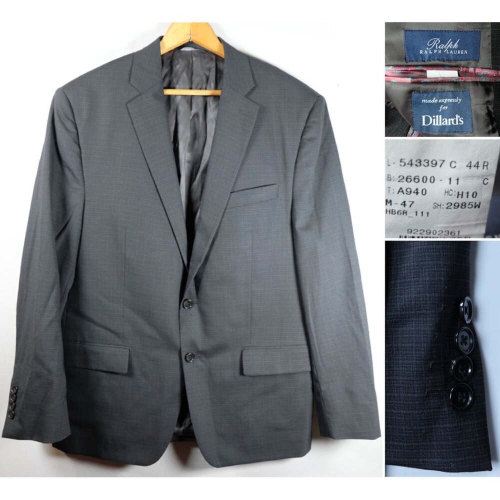 Ralph Ralph Lauren Mens 44R Gray  Plaid Wool Spandex Blazer Sport Coat